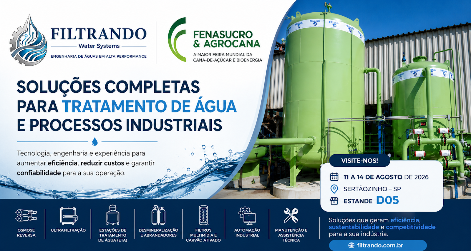 Filtrando Engenharia na Fenasucro & Agrocana 2026 — Estande D05, Sertãozinho (SP)