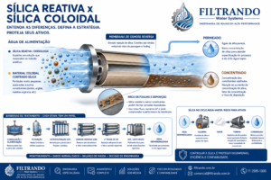 Infográfico Filtrando comparando sílica reativa e sílica coloidal na osmose reversa, barreiras de tratamento e risco no ciclo água-vapor